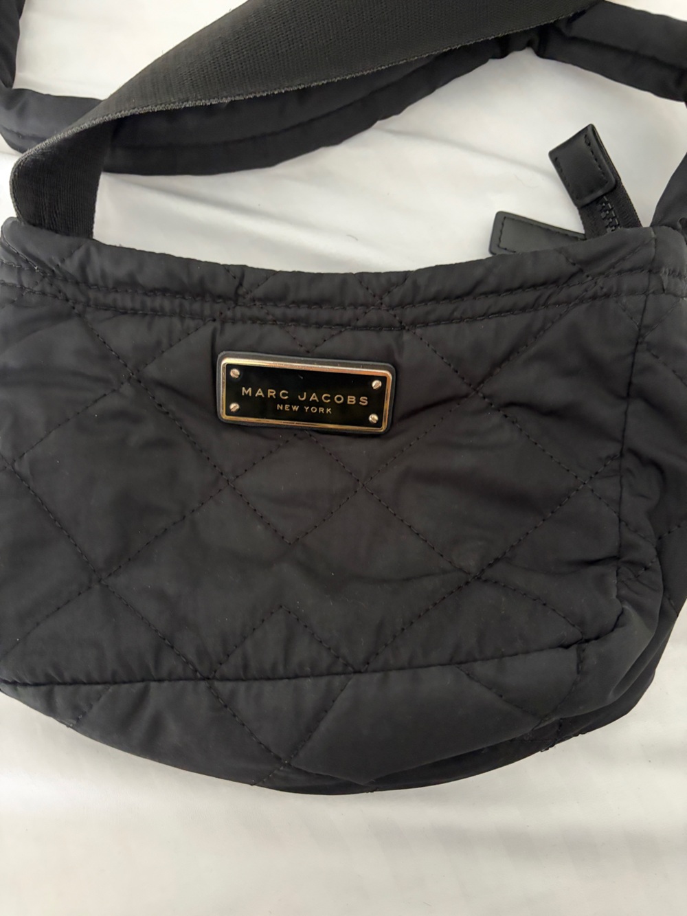 Marc Jacobs Black Quilted Nylon Crossbody with Gold Logo Plate